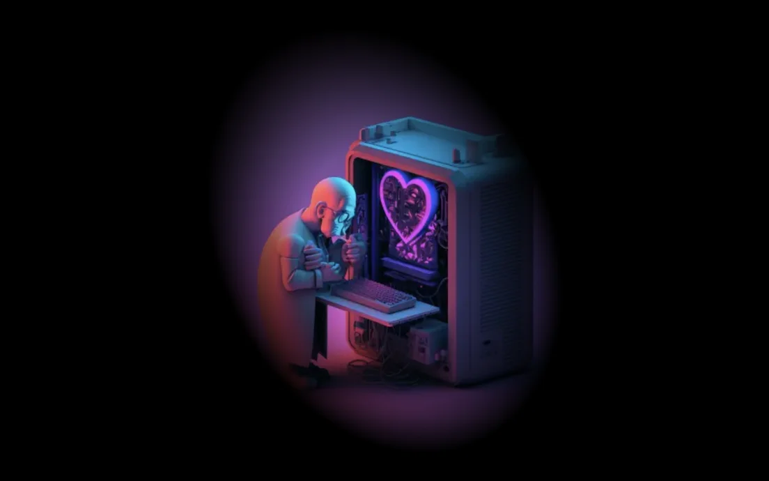 Illustration de Made in Moon : un personnage penché sur une machine ouverte, un cœur lumineux dans ses circuits.