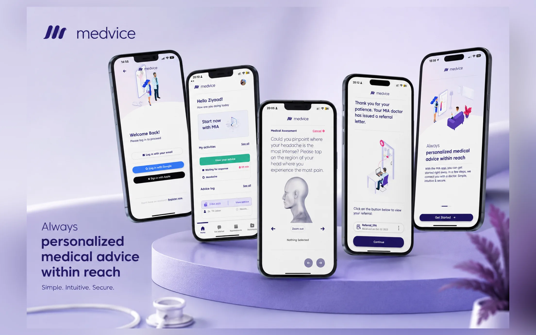 Mockup de l'application Medvice : accueil, assistant médical MIA et sélection d'une zone du corps.