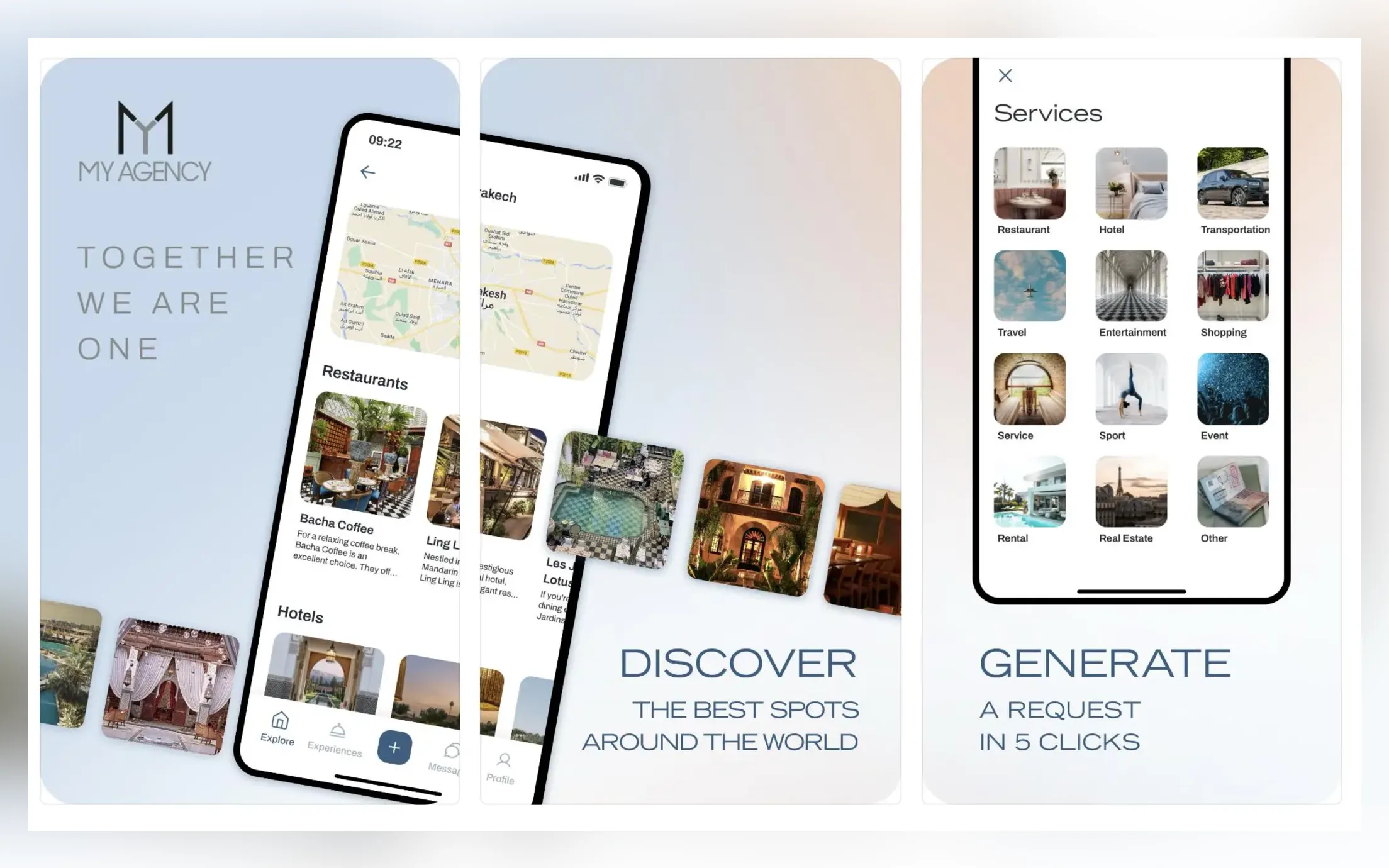 Mockup de l'application MYConcierge : carte des adresses, meilleurs spots autour de soi et demande de service en cinq clics.