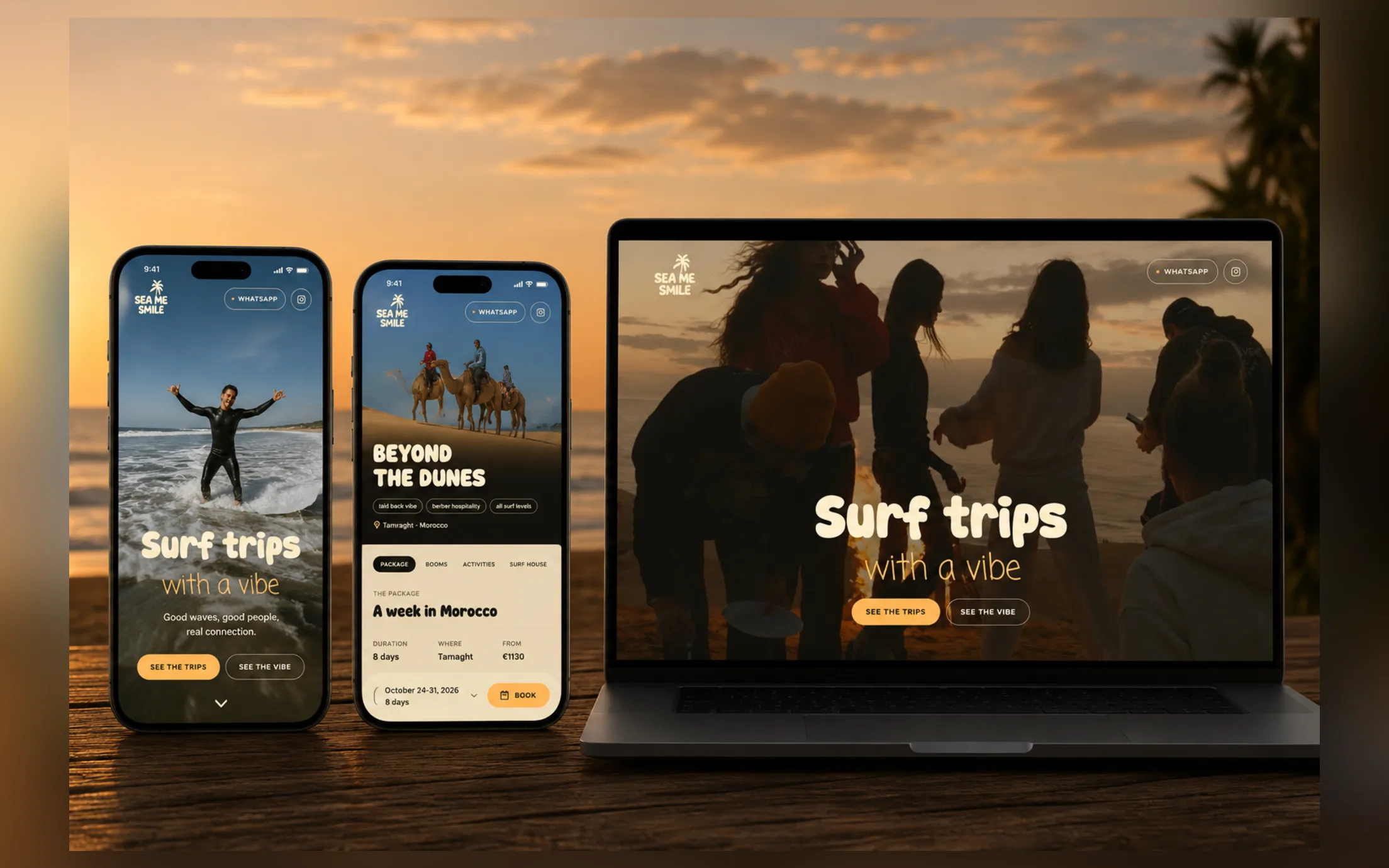Le site Sea Me Smile sur téléphone et ordinateur : surf trips au Maroc, au coucher du soleil.