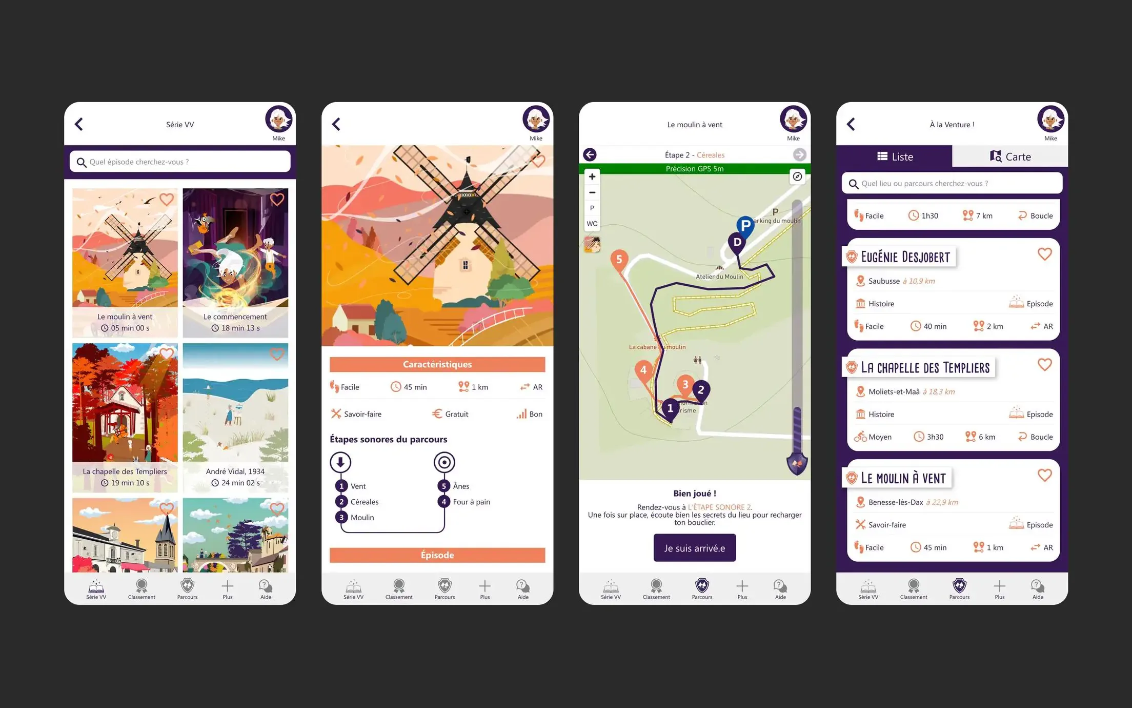 Quatre écrans de l'application Vira&Vasa : la liste des épisodes illustrés, la fiche d'un parcours, la carte GPS d'une étape et la liste des lieux.